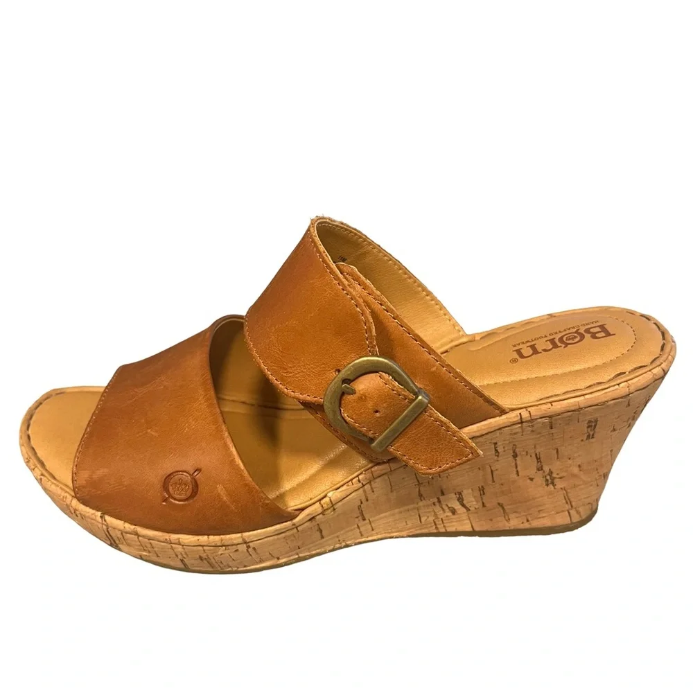 Born Cork High Wedge Sz 11 Tan Brown Leather Sandal Strap Slip On Buckle EUC